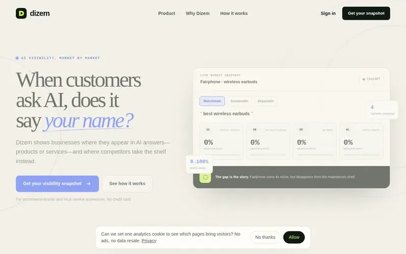 Screenshot of the Dizem homepage