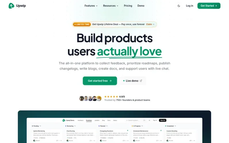 Screenshot of the Upwip homepage