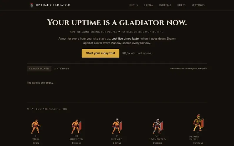 Screenshot of the Uptime Gladiator homepage
