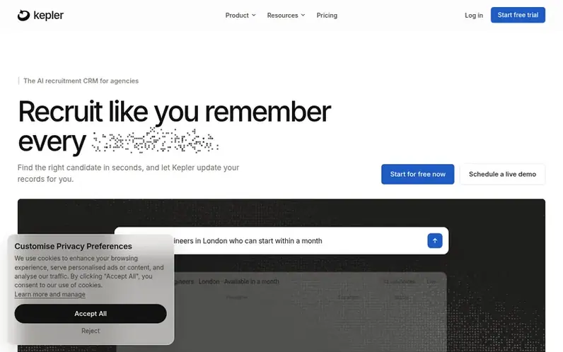 Screenshot of the Kepler CRM homepage
