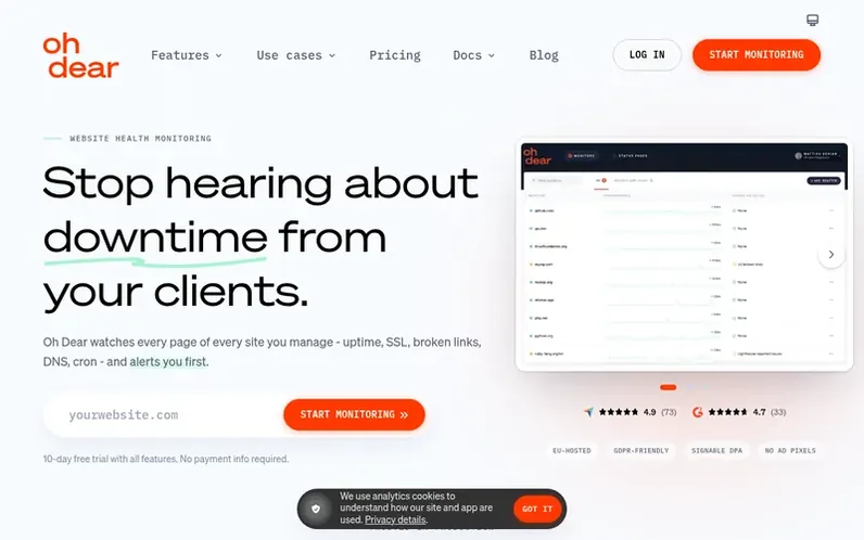 Screenshot of the Oh Dear homepage