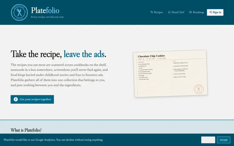 Screenshot of the Platefolio homepage