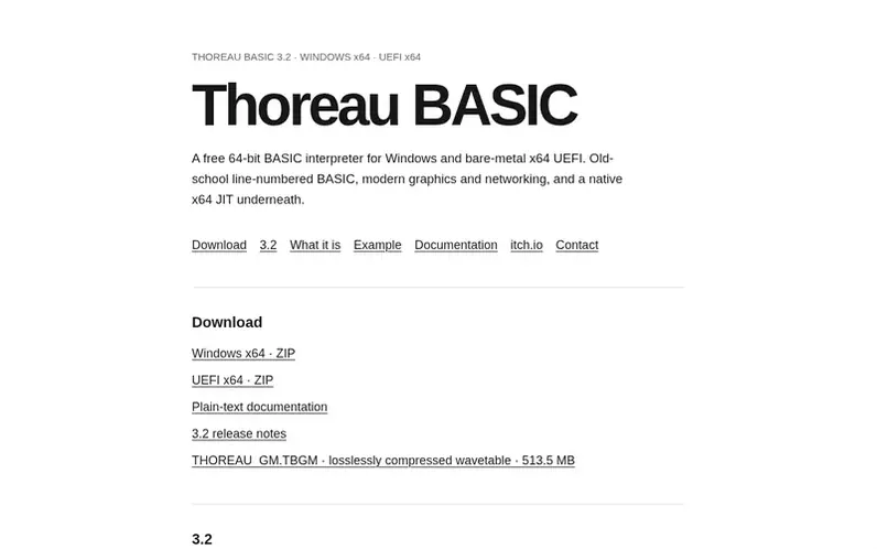 Screenshot of the Thoreau BASIC homepage