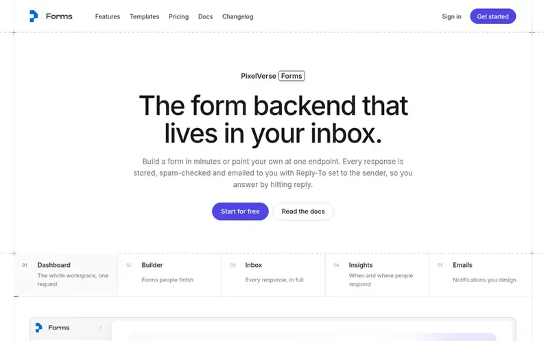 Screenshot of the PixelVerse Forms homepage
