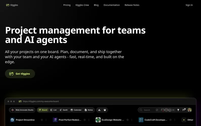 Screenshot of the t0ggles homepage
