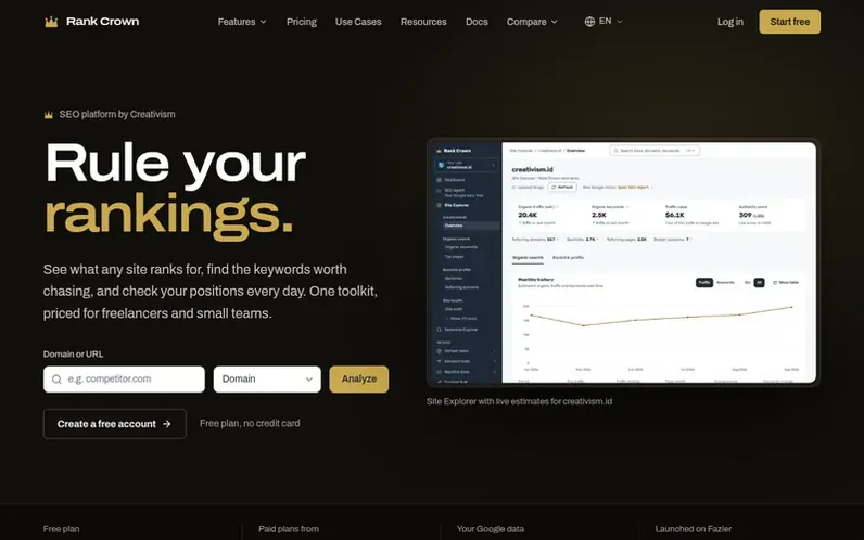Screenshot of the Rank Crown homepage