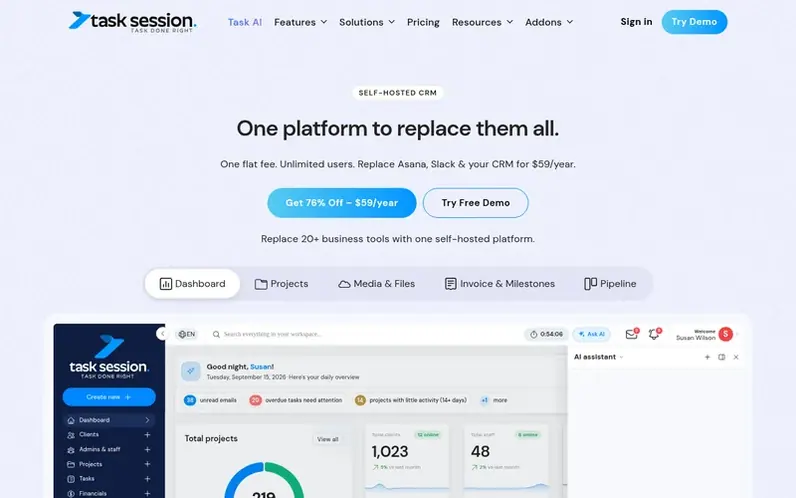 Screenshot of the Task Session homepage