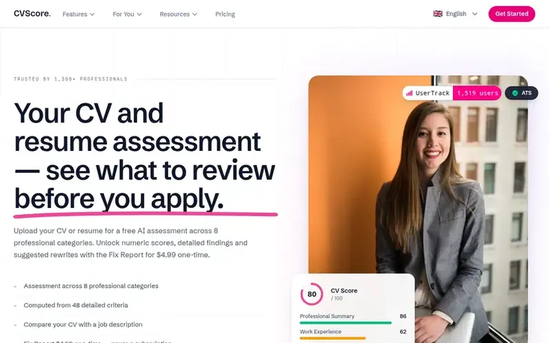 Screenshot of the CV Score homepage