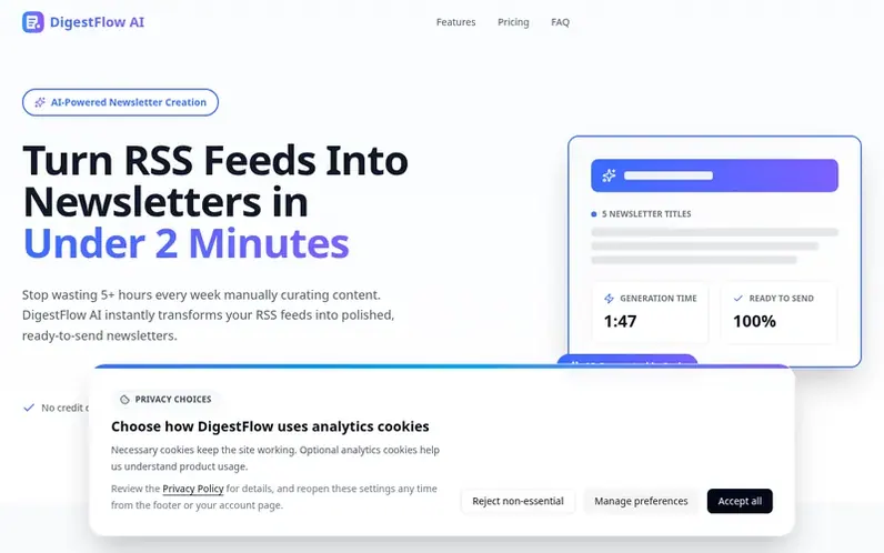 Screenshot of the DigestFlow AI homepage