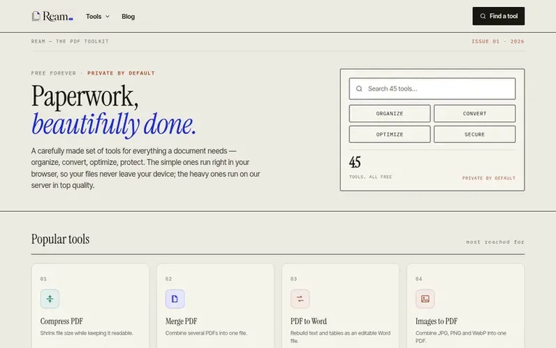 Screenshot of the Ream homepage