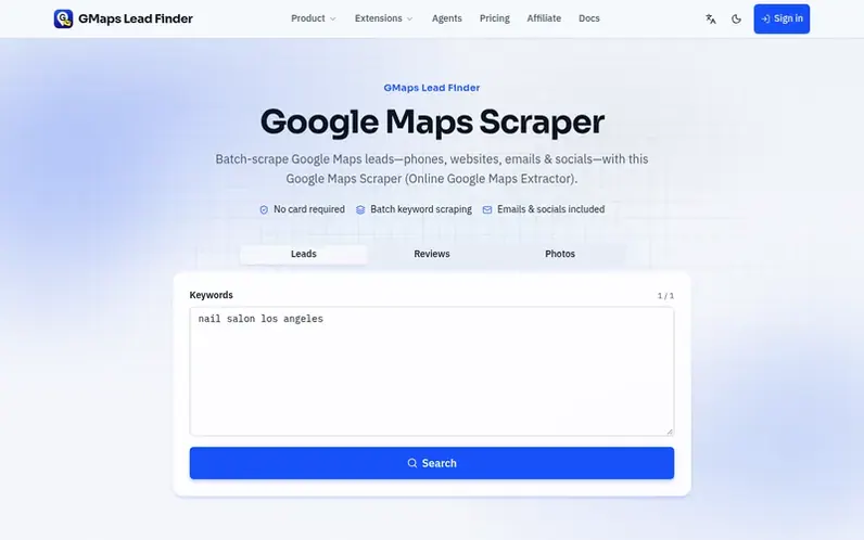Screenshot of the GMaps Lead Finder homepage