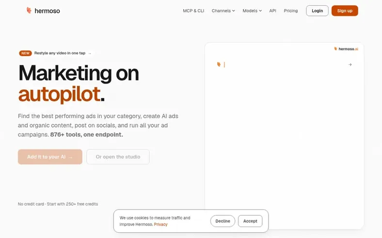 Screenshot of the Hermoso homepage