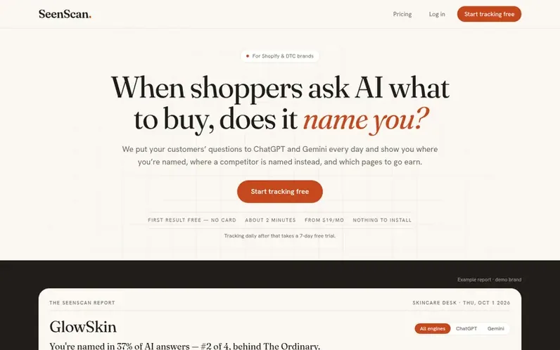 Screenshot of the SeenScan homepage