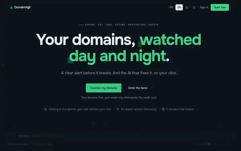 Screenshot of the DomainVigil homepage