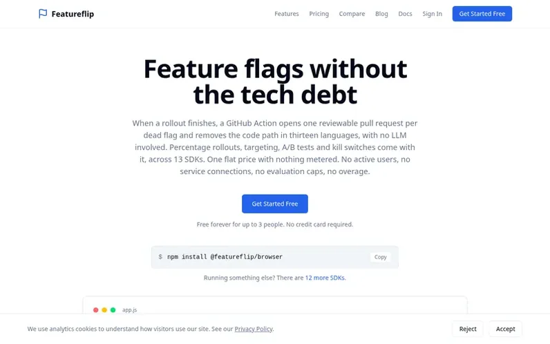 Screenshot of the Featureflip homepage