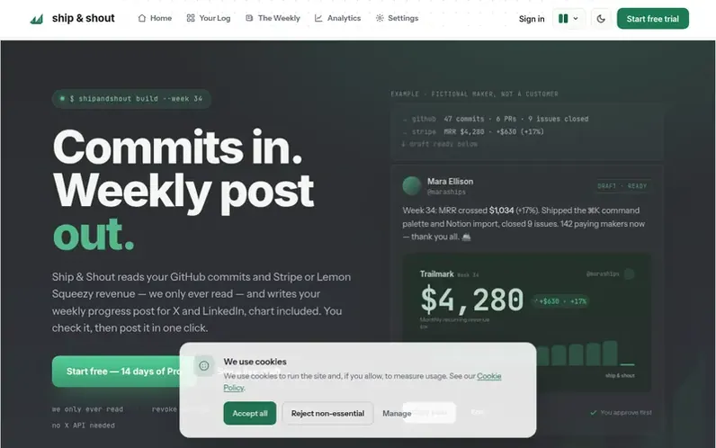 Screenshot of the Ship & Shout homepage