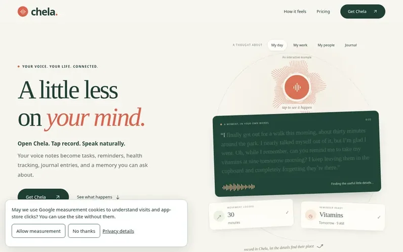 Screenshot of the Chela homepage