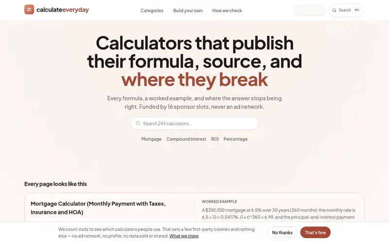 Screenshot of the CalculateEveryday homepage