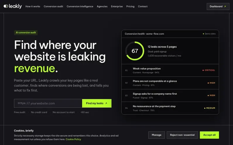Screenshot of the Leakly homepage