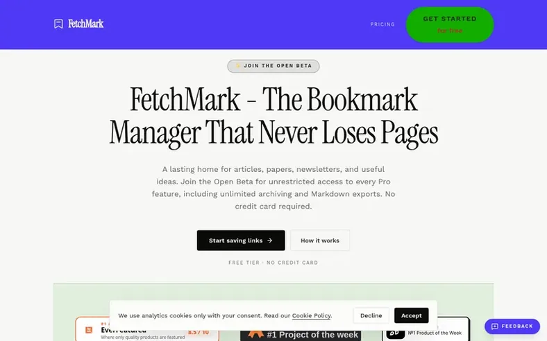 Screenshot of the FetchMark homepage