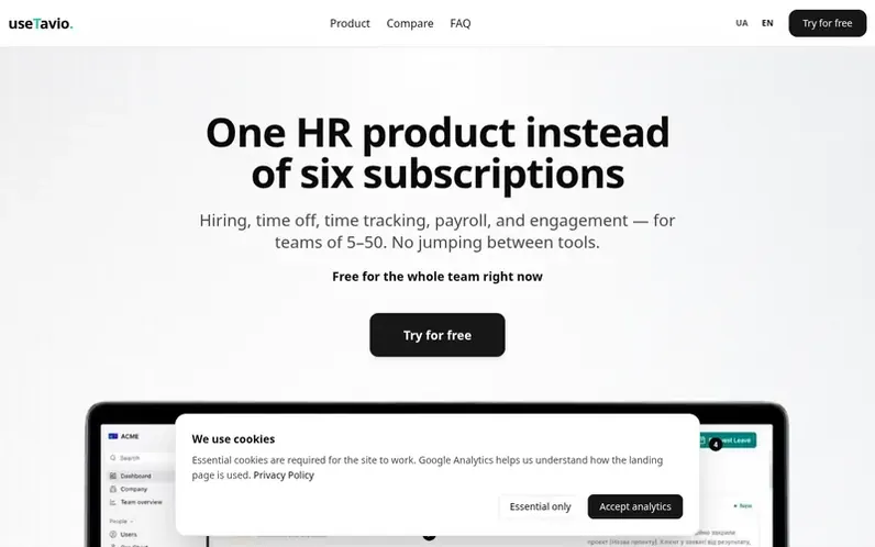 Screenshot of the useTavio homepage