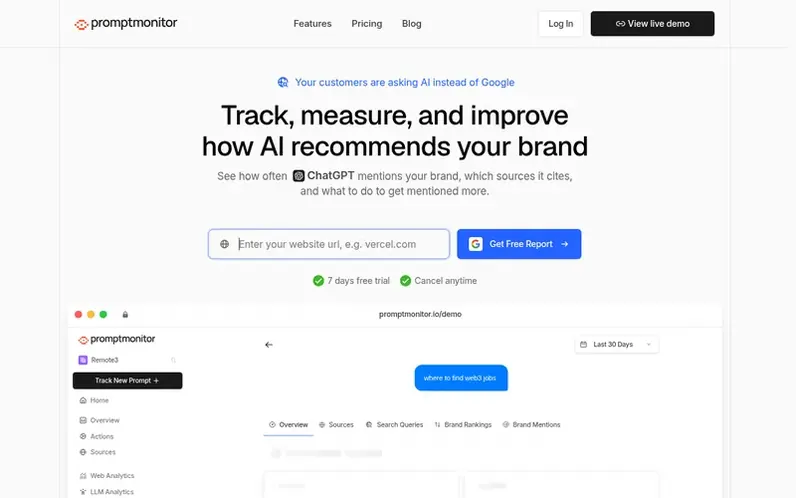Screenshot of the Promptmonitor homepage