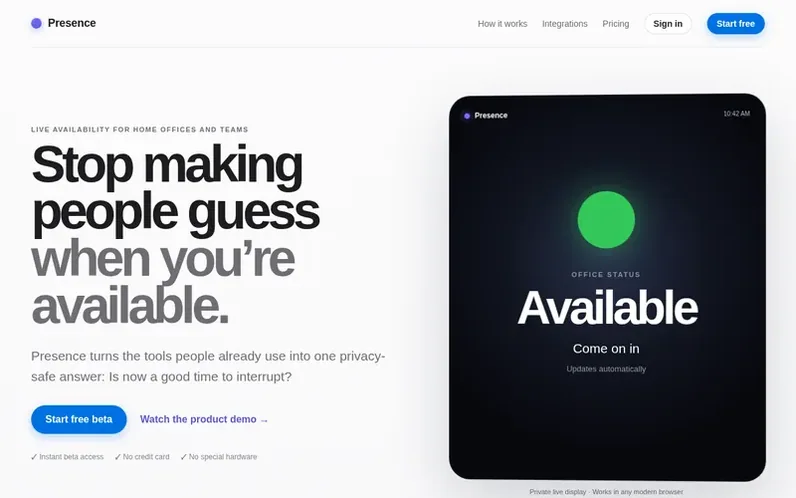 Screenshot of the Presence homepage