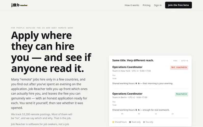 Screenshot of the Job Reacher homepage