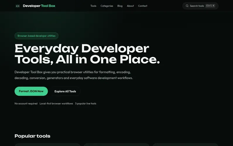 Screenshot of the Developer Tool Box homepage