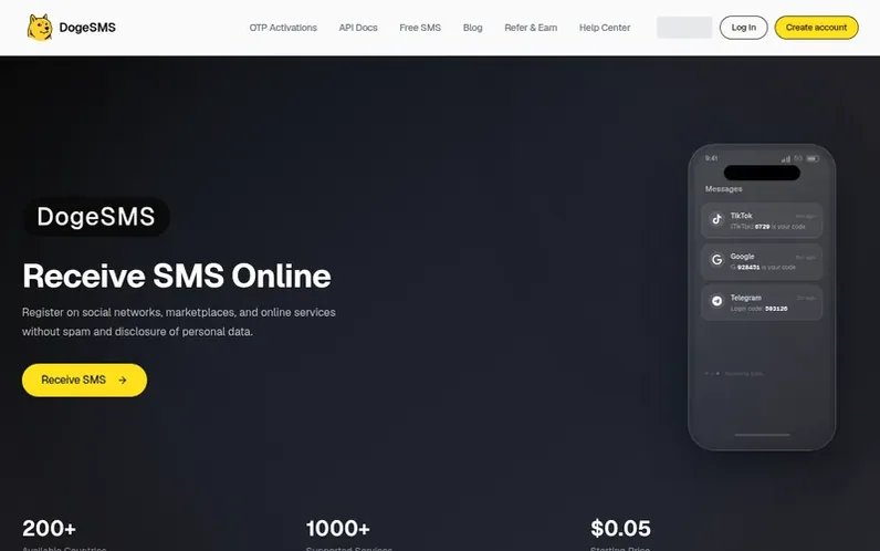 Screenshot of the DogeSMS homepage