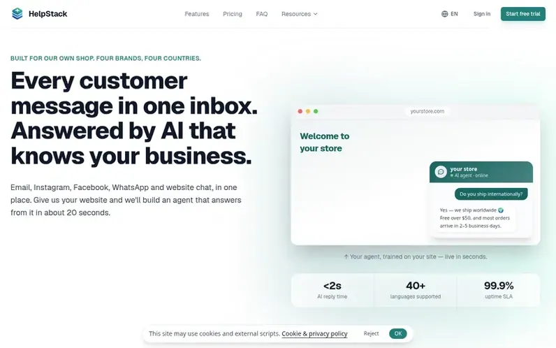 Screenshot of the HelpStack homepage