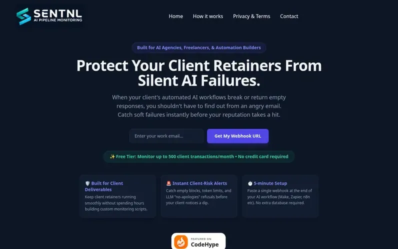 Screenshot of the Sentnl homepage