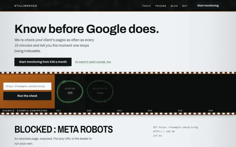 Screenshot of the Stillindexed homepage