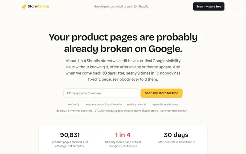 Screenshot of the StoreCanary homepage