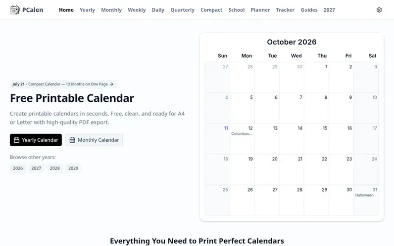 Screenshot of the PCalen homepage