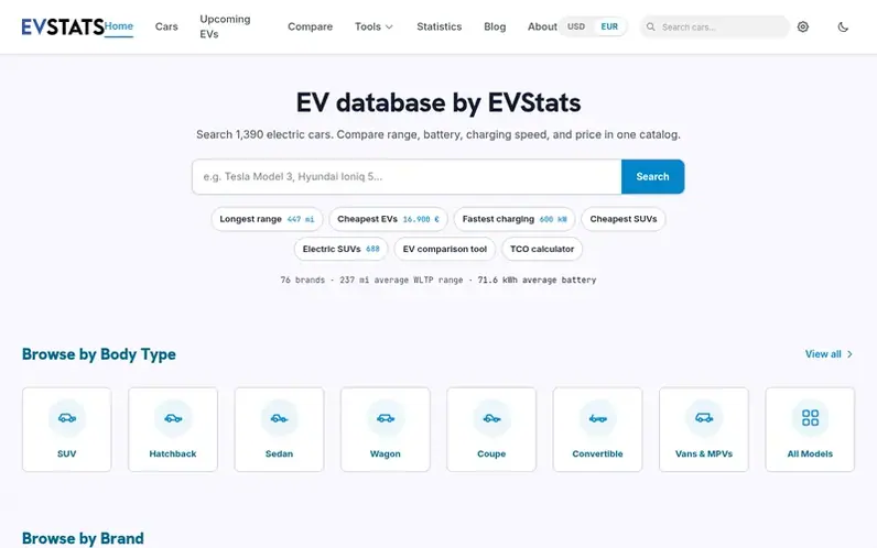 Screenshot of the EVStats homepage