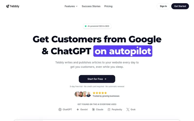 Screenshot of the Tebbly homepage