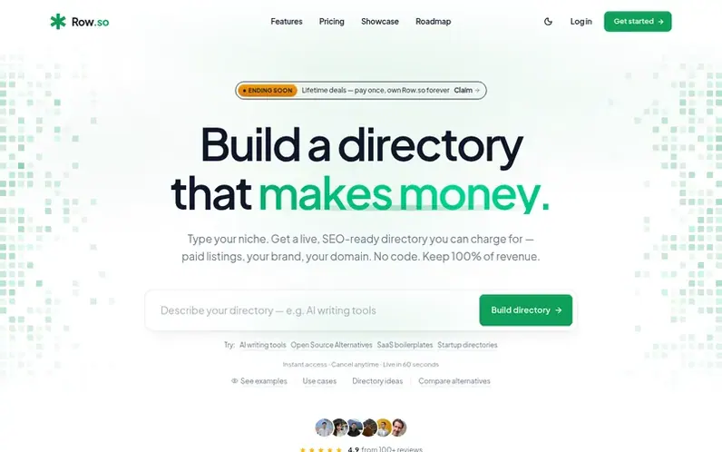 Screenshot of the Row.so homepage