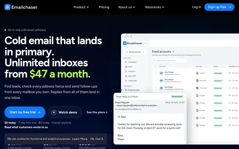 Screenshot of the Emailchaser homepage
