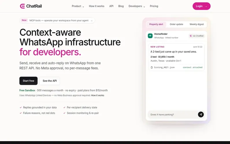 Screenshot of the ChatRail homepage
