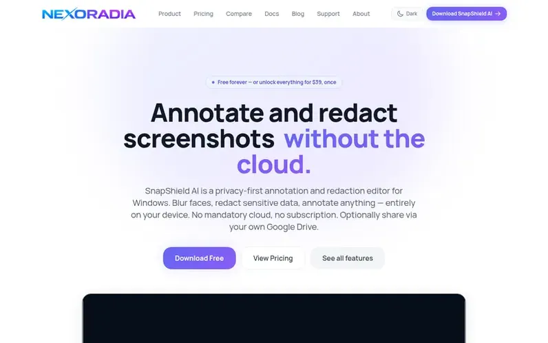 Screenshot of the SnapShield AI homepage