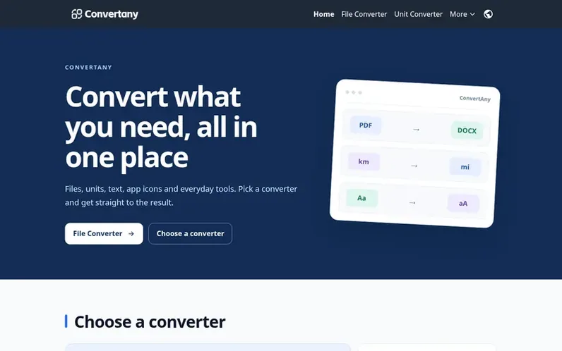 Screenshot of the Convertany homepage