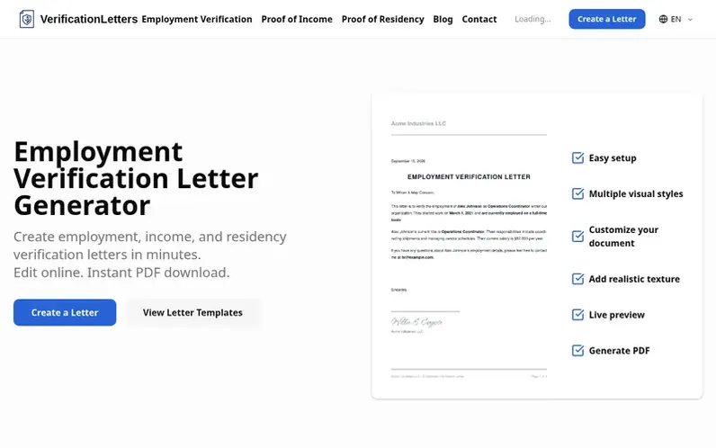 Screenshot of the VerificationLetters homepage