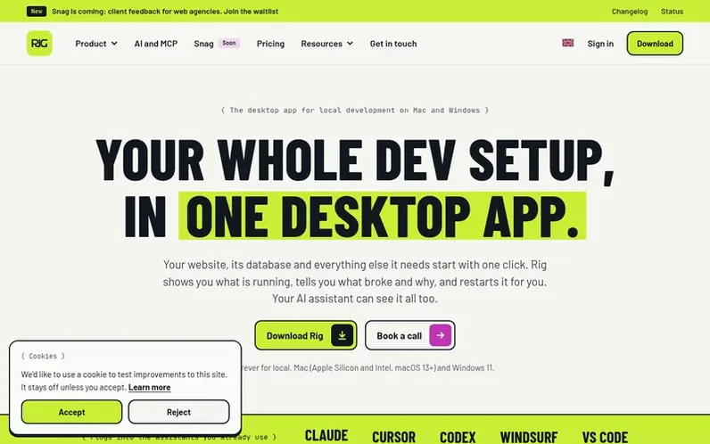 Screenshot of the Rig homepage
