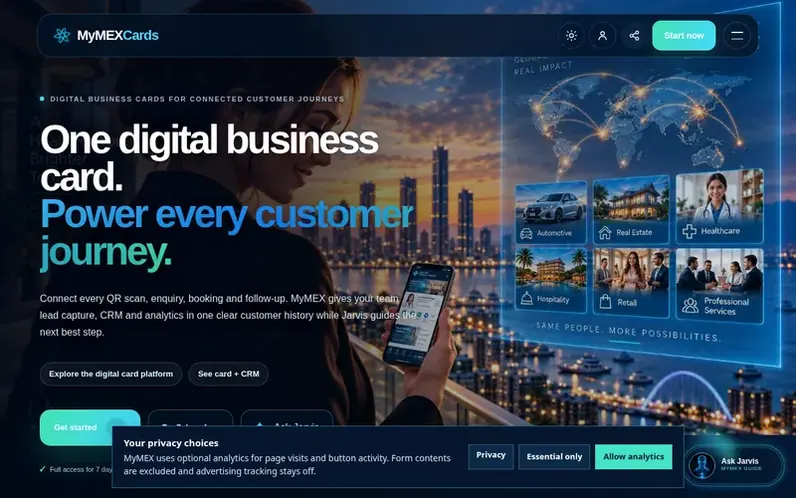 Screenshot of the MyMEX Cards homepage