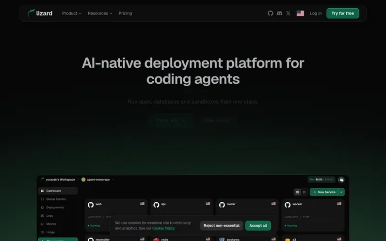 Screenshot of the Lizard homepage