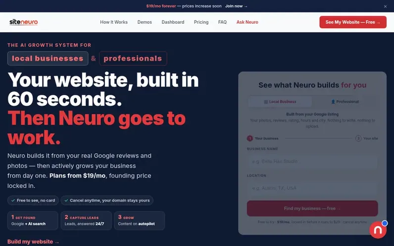Screenshot of the SiteNeuro homepage