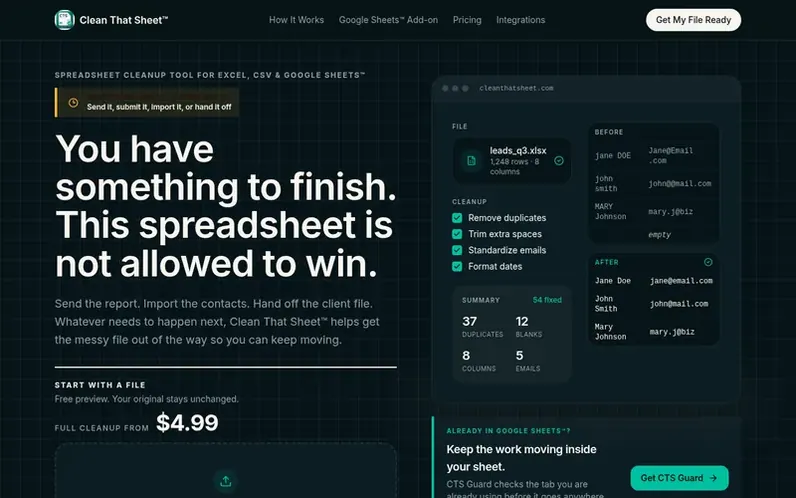 Screenshot of the Clean That Sheet™ homepage