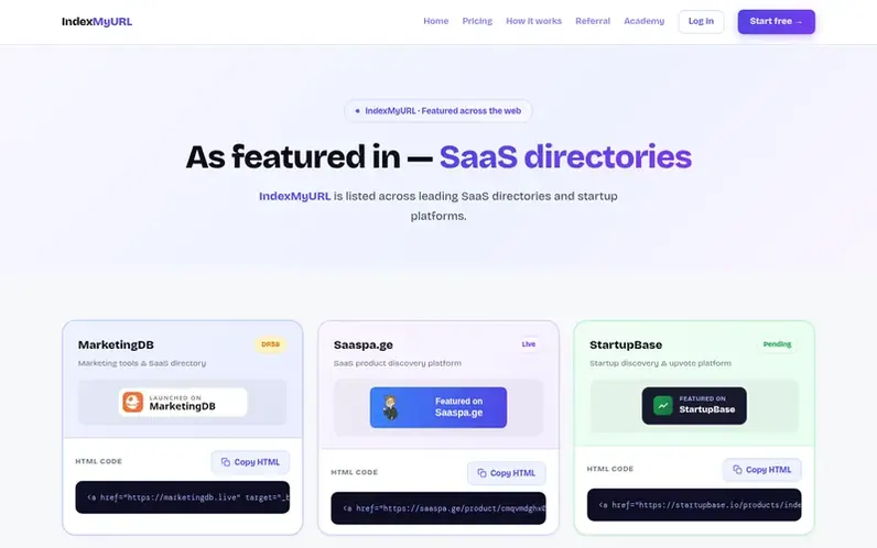 Screenshot of the IndexMyURL homepage